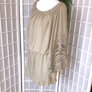 Ann Taylor KORI America Rayon Romper in Tan with Cotton Lace Sleeve Insets. M.